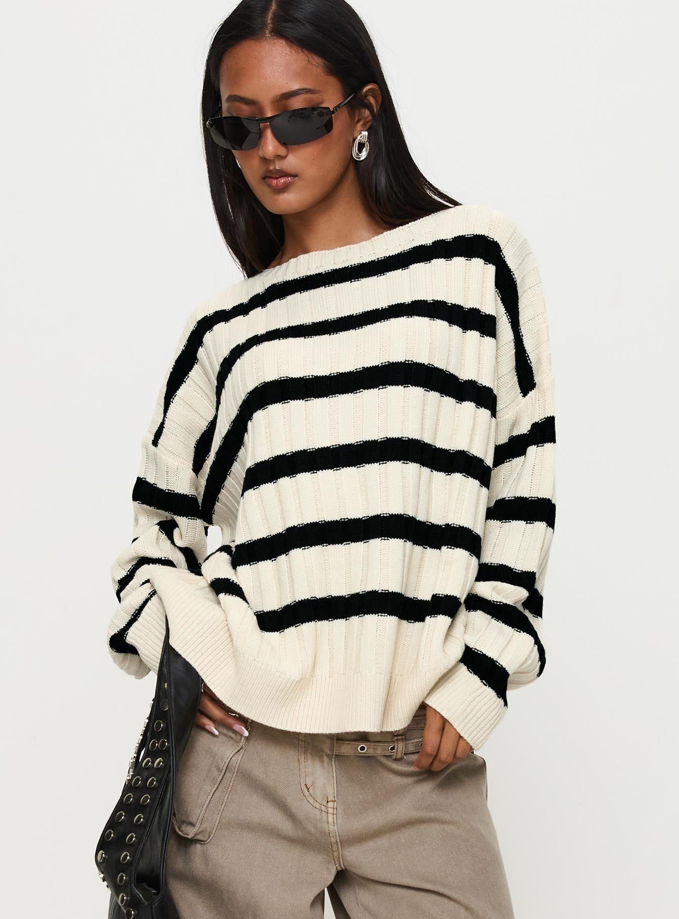 Elenita Wide Neck Knit Sweater Black / White