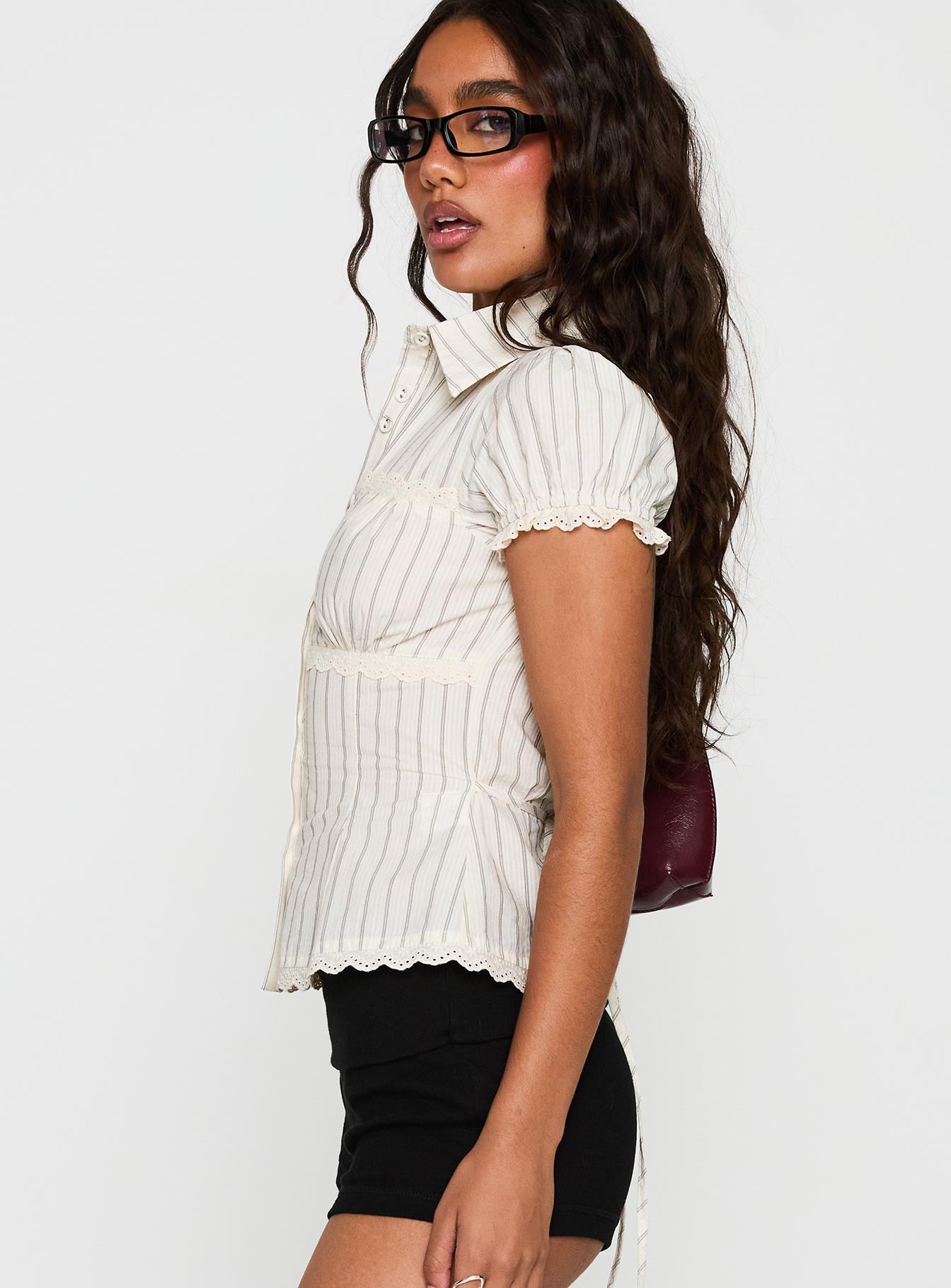 Deserve You Puff Sleeve Button Front Top Cream Stripe Petite