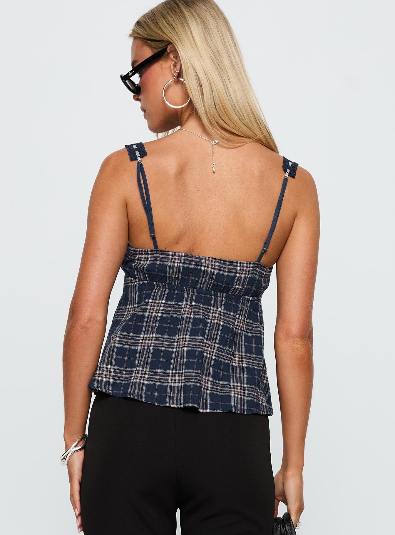 Pretty It Up Tie Detail Top Blue Check