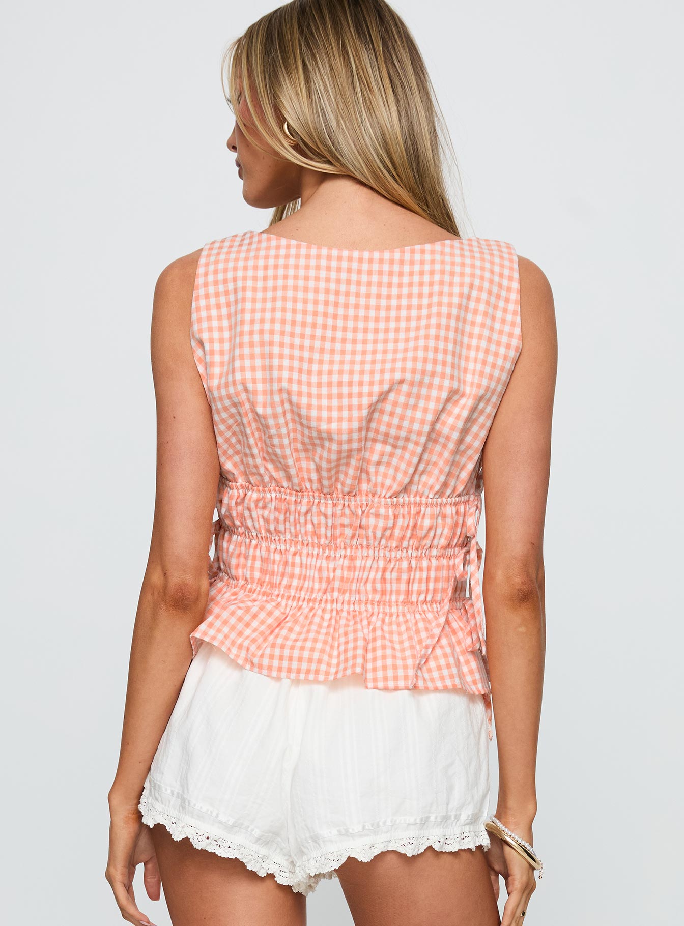 Antiqued Tie Side Top Orange Check