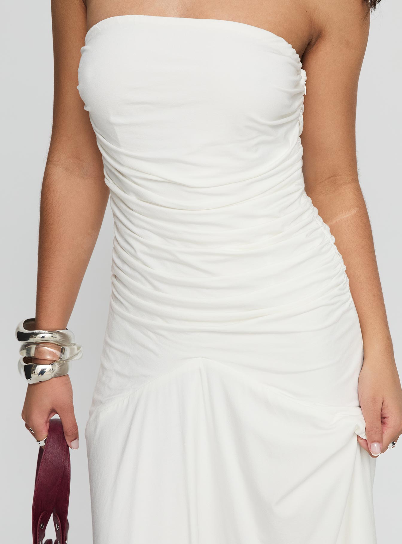 Rienna Strapless Asymmetrical Midi Dress White