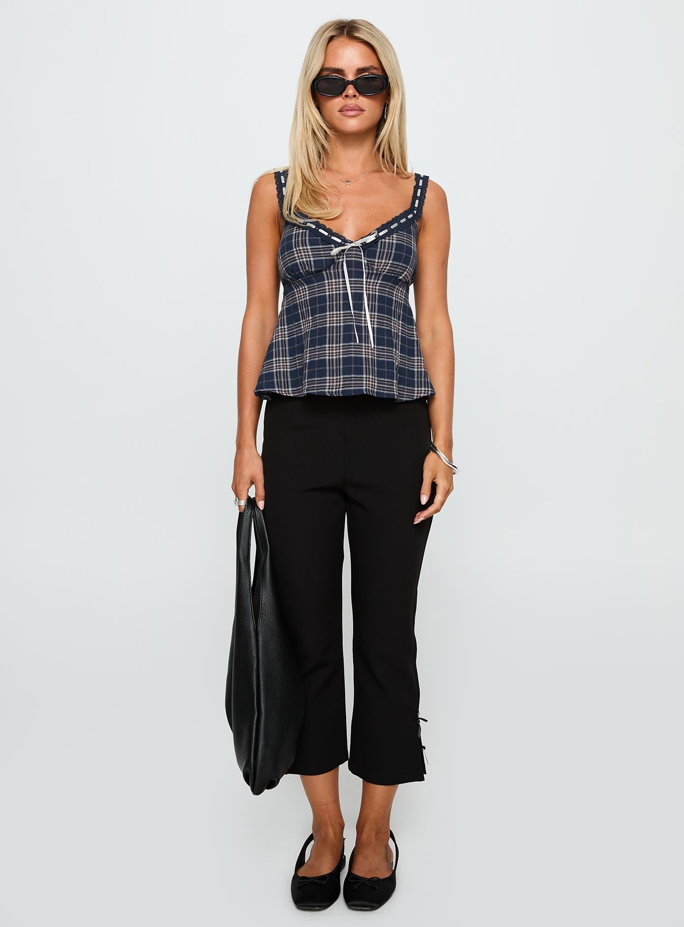 Pretty It Up Tie Detail Top Blue Check
