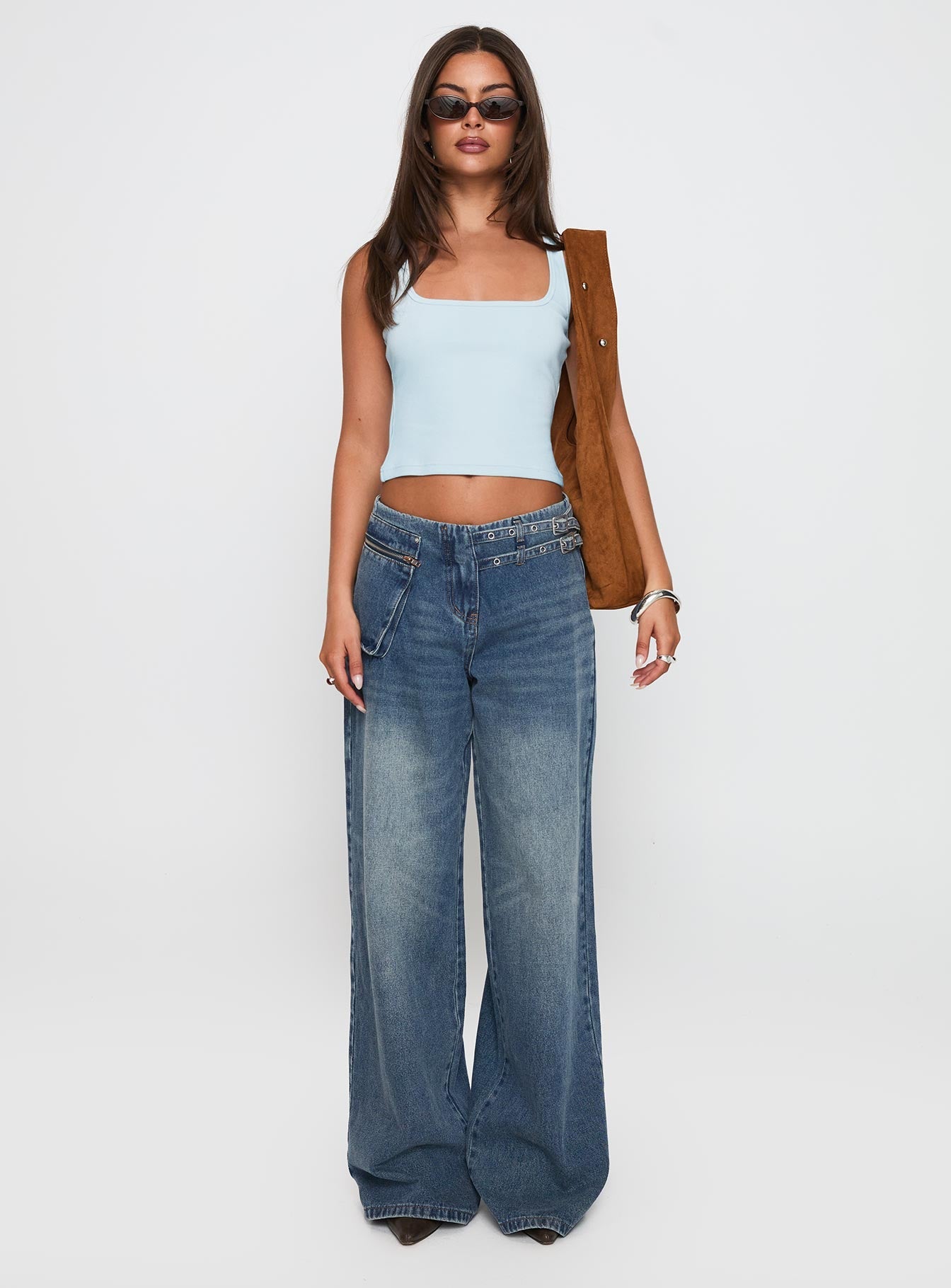 Paltrow Mid Rise Wide Leg Cargo Jeans Mid Blue Wash