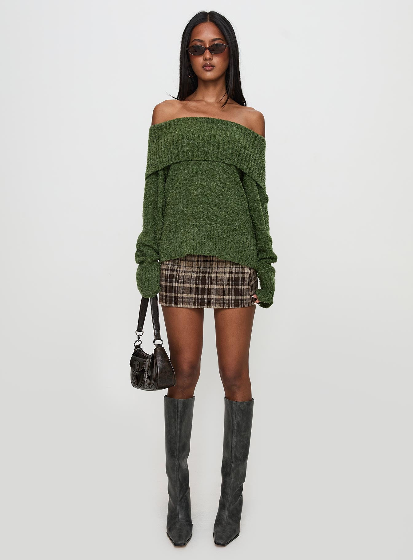 Parkley Boucle Off The Shoulder Sweater Olive