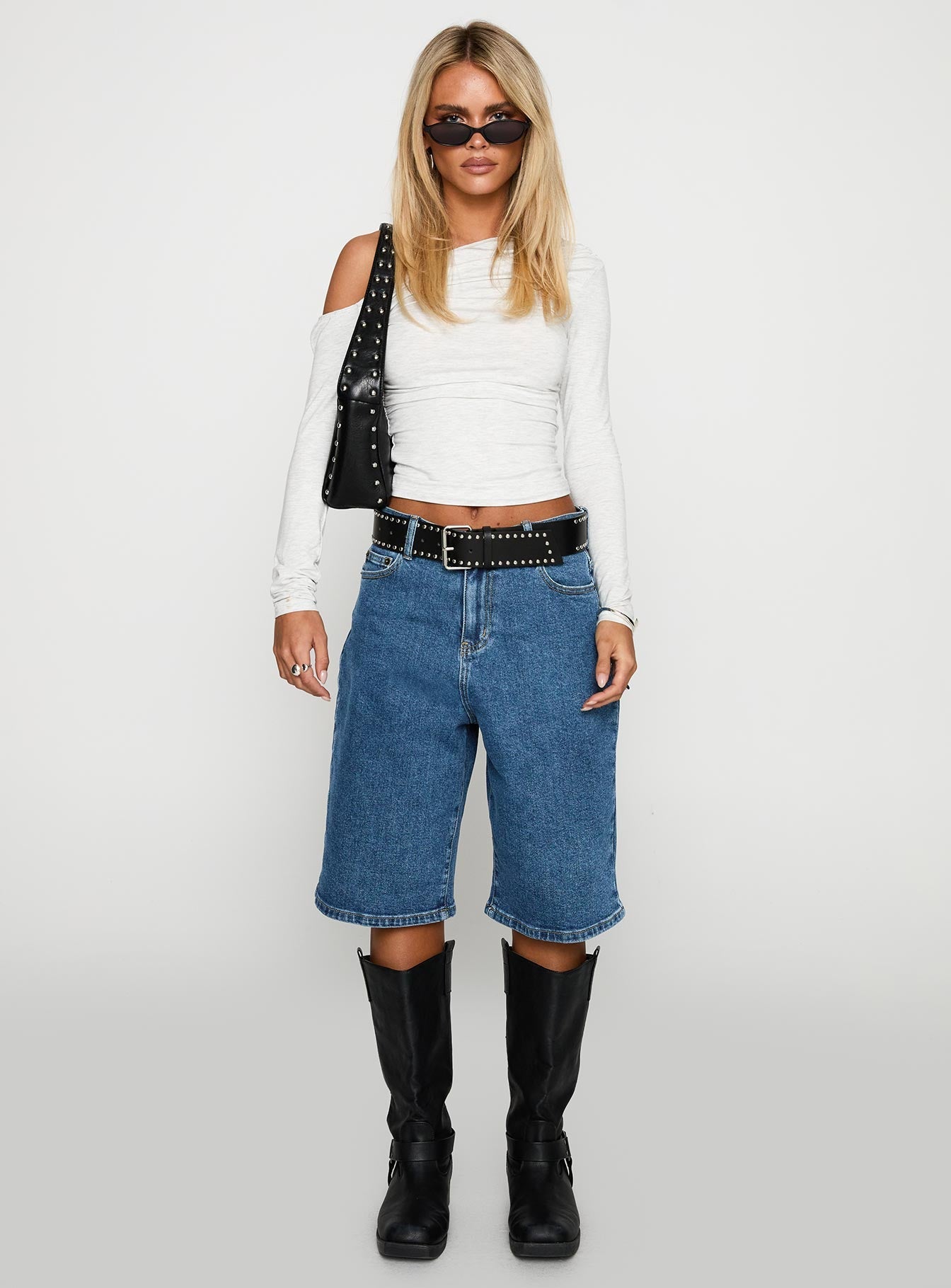 Retro Dream Mid Rise Longline Denim Shorts Mid Wash