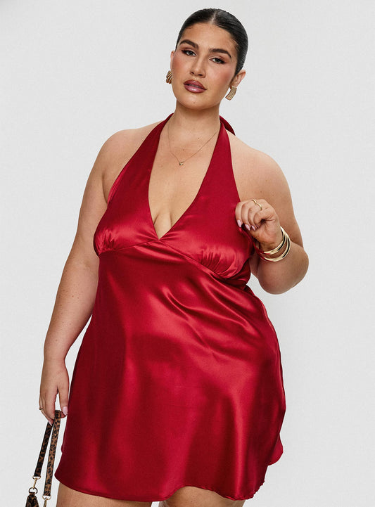 Pelagia Halter Scarf Tie Mini Dress Red Curve