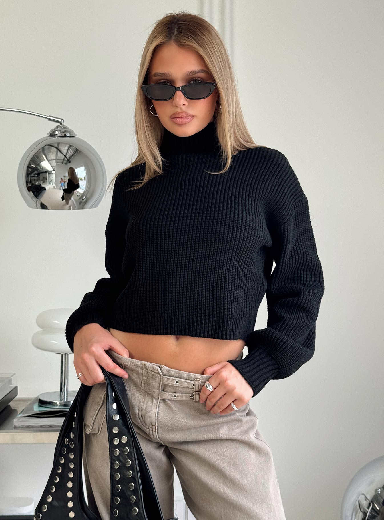 Sayge Mock Neck Knit Sweater Black
