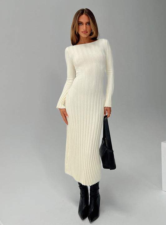 Ryo Long Sleeve Rib Maxi Dress Cream