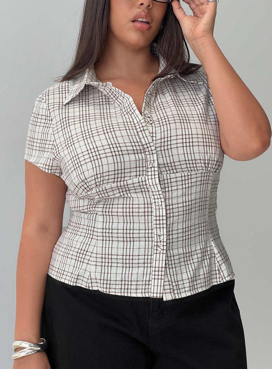 Cottesloe Blouse Top Brown Check Curve