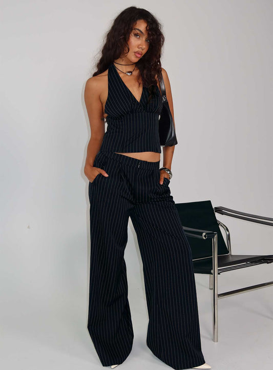All She Wrote Halter Tailored Set Navy Stripe