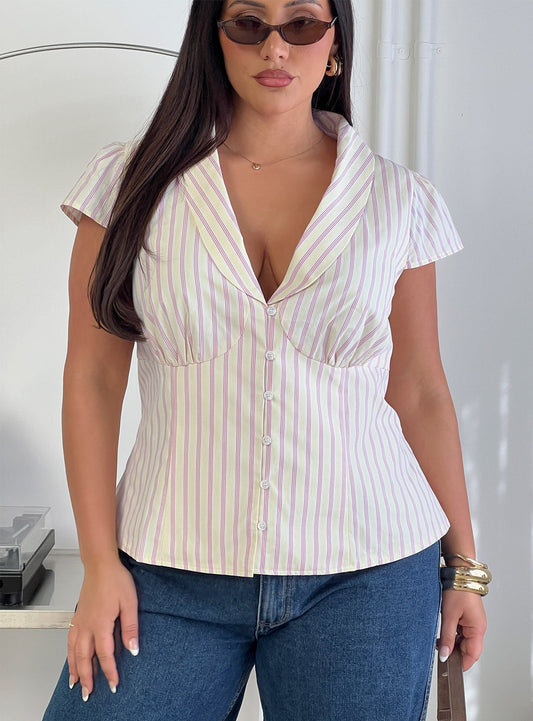 Ellis Island Collared Top Pink Stripe Curve