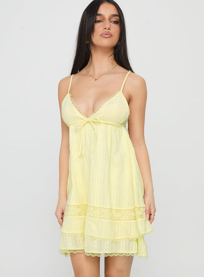 Cherubs Lace Babydoll Mini Dress Yellow