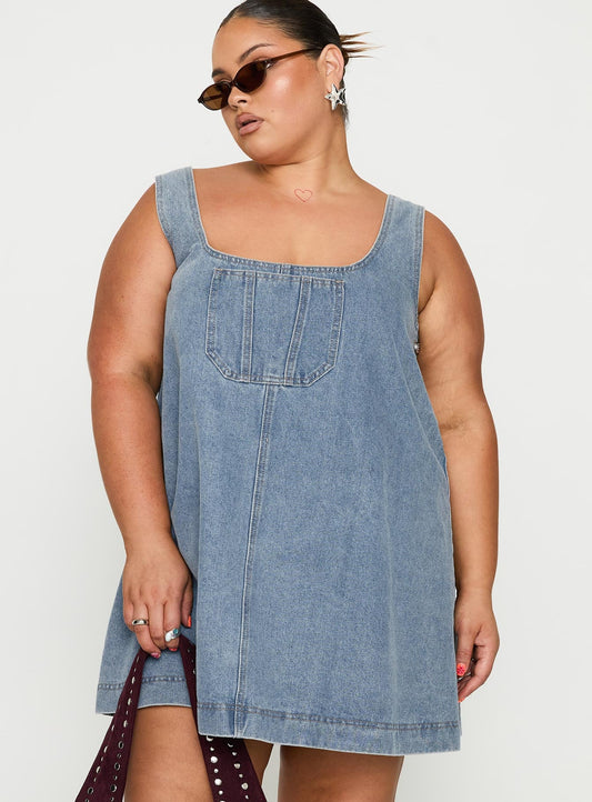State Of Mind Mini Dress Blue Denim Curve