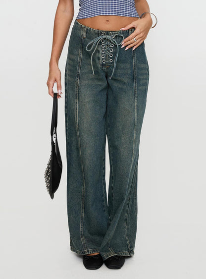 San Mateo Low Rise Wide Leg Tie Up Jeans Vintage Wash