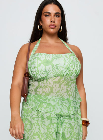 Finesse Halter Top Green Floral Curve