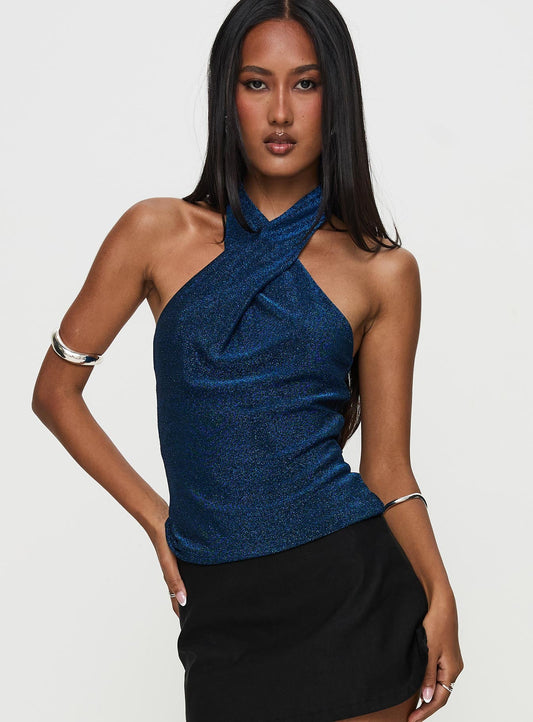 Treat Me Nice Cross Neck Top Blue Glitter
