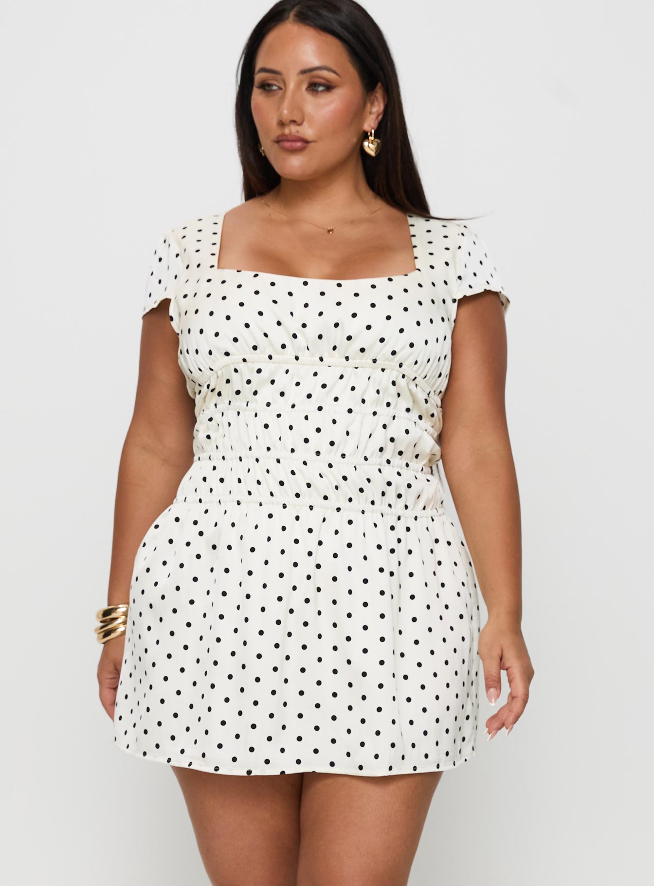 Evangelie Ruched Mini Dress White Polka Curve