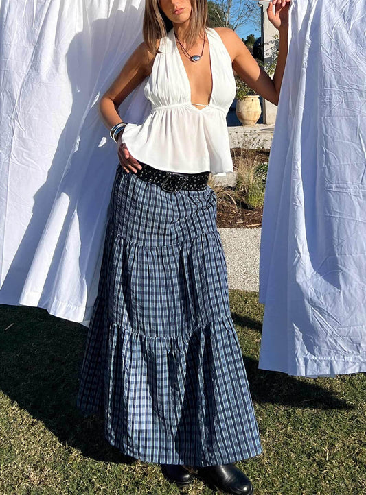 Rockwell Tiered Midi Skirt Navy Check
