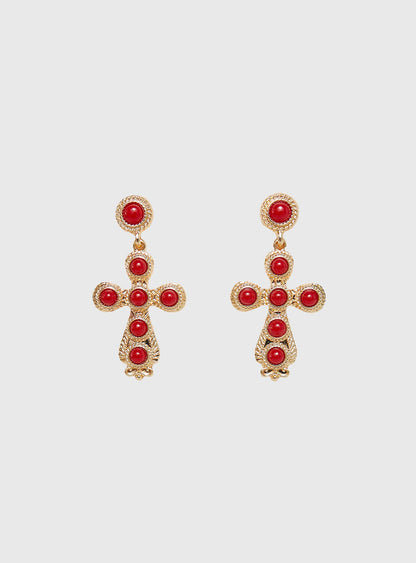 Oakwood Cross Earrings Gold / Red