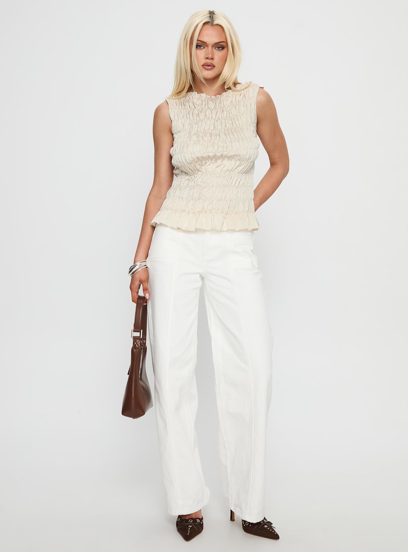 Elenir Shirred Top Beige
