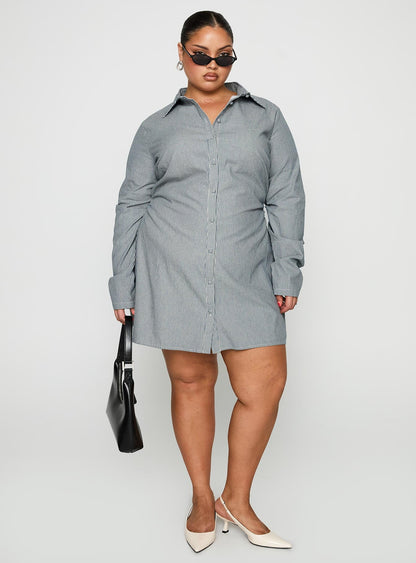 Publicity Long Sleeve Mini Dress Blue Pinstripe Curve