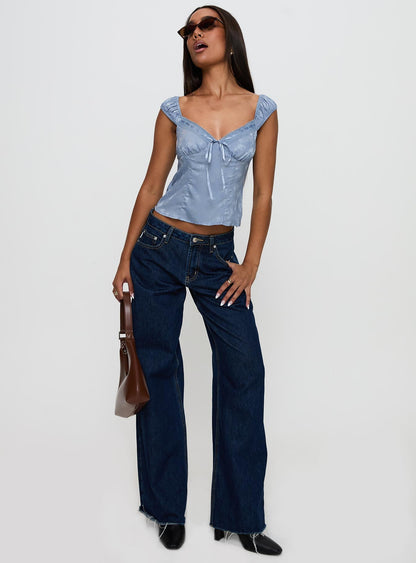 Branwen Cap Sleeve Tie Detail Top Blue Floral