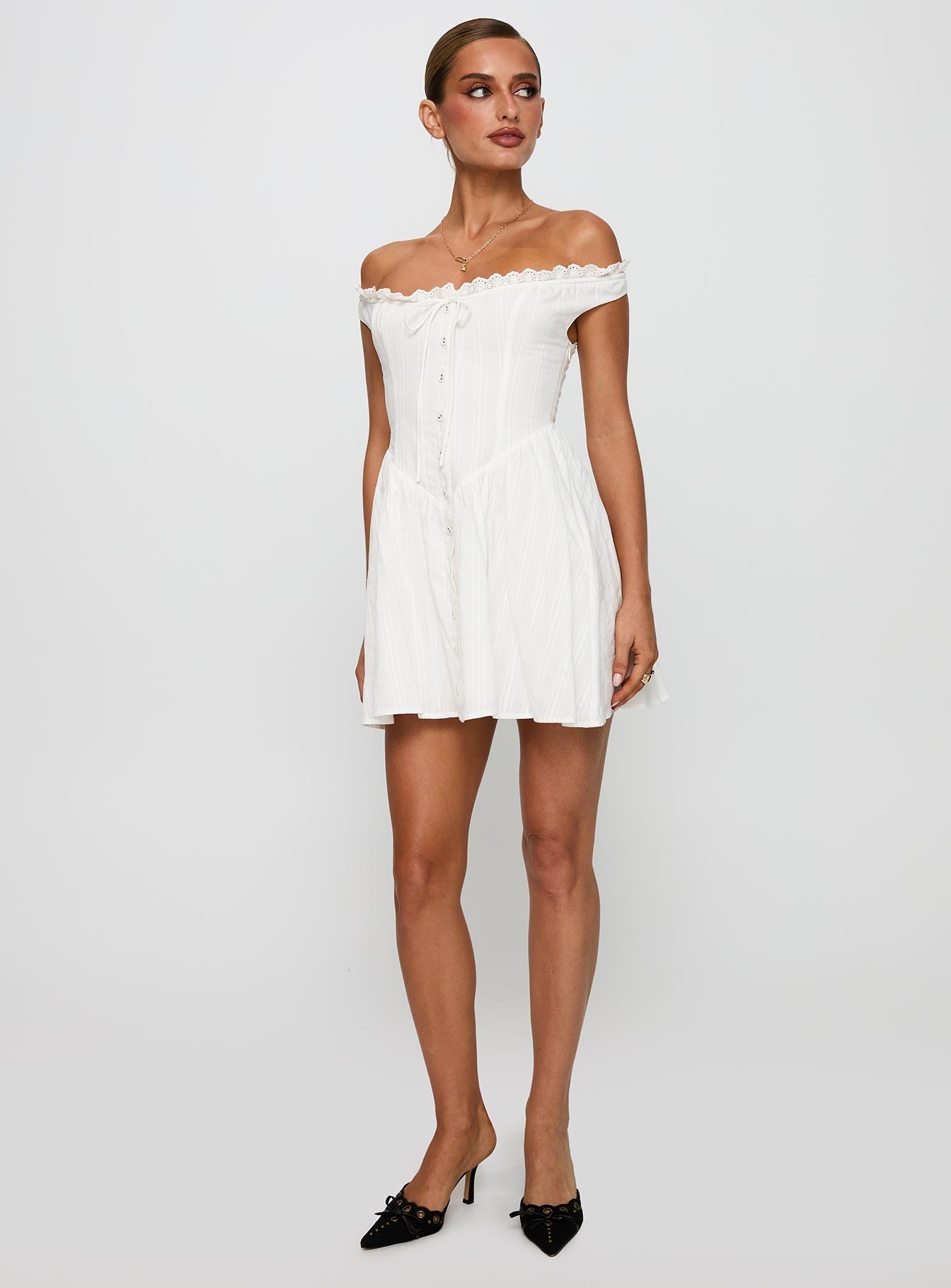 White Horse Off The Shoulder Mini Dress White
