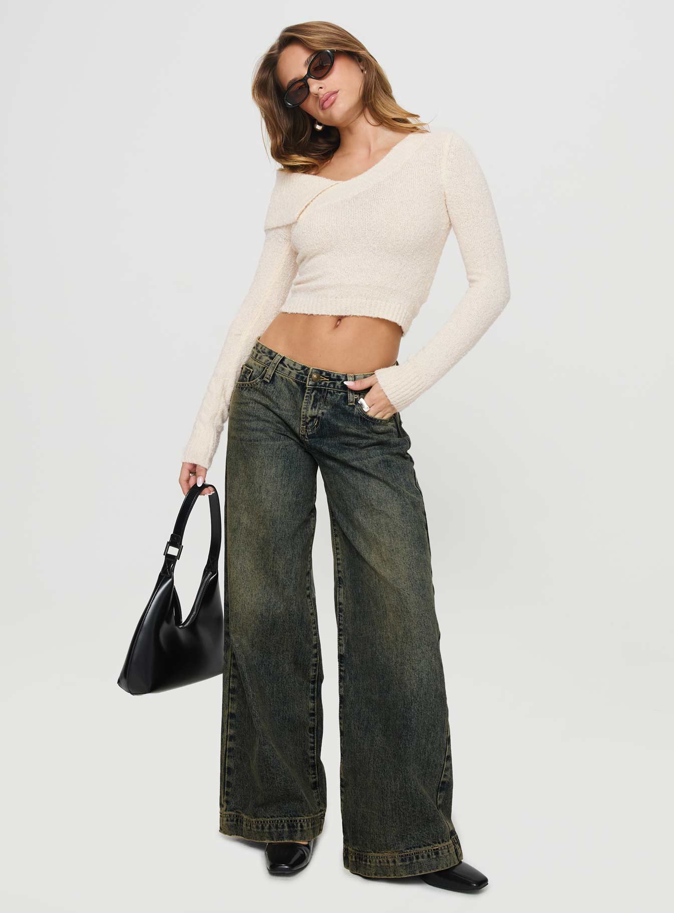 Ribbon Stamp Low Rise Wide Leg Jeans Antique Wash Petite