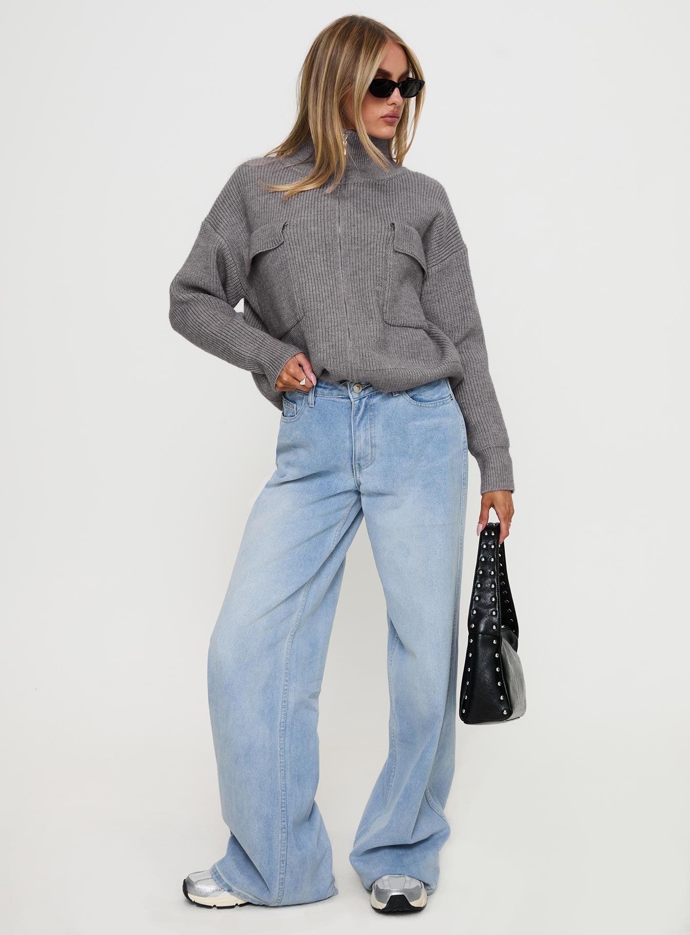 Too Busy Zip Up Sweater Grey