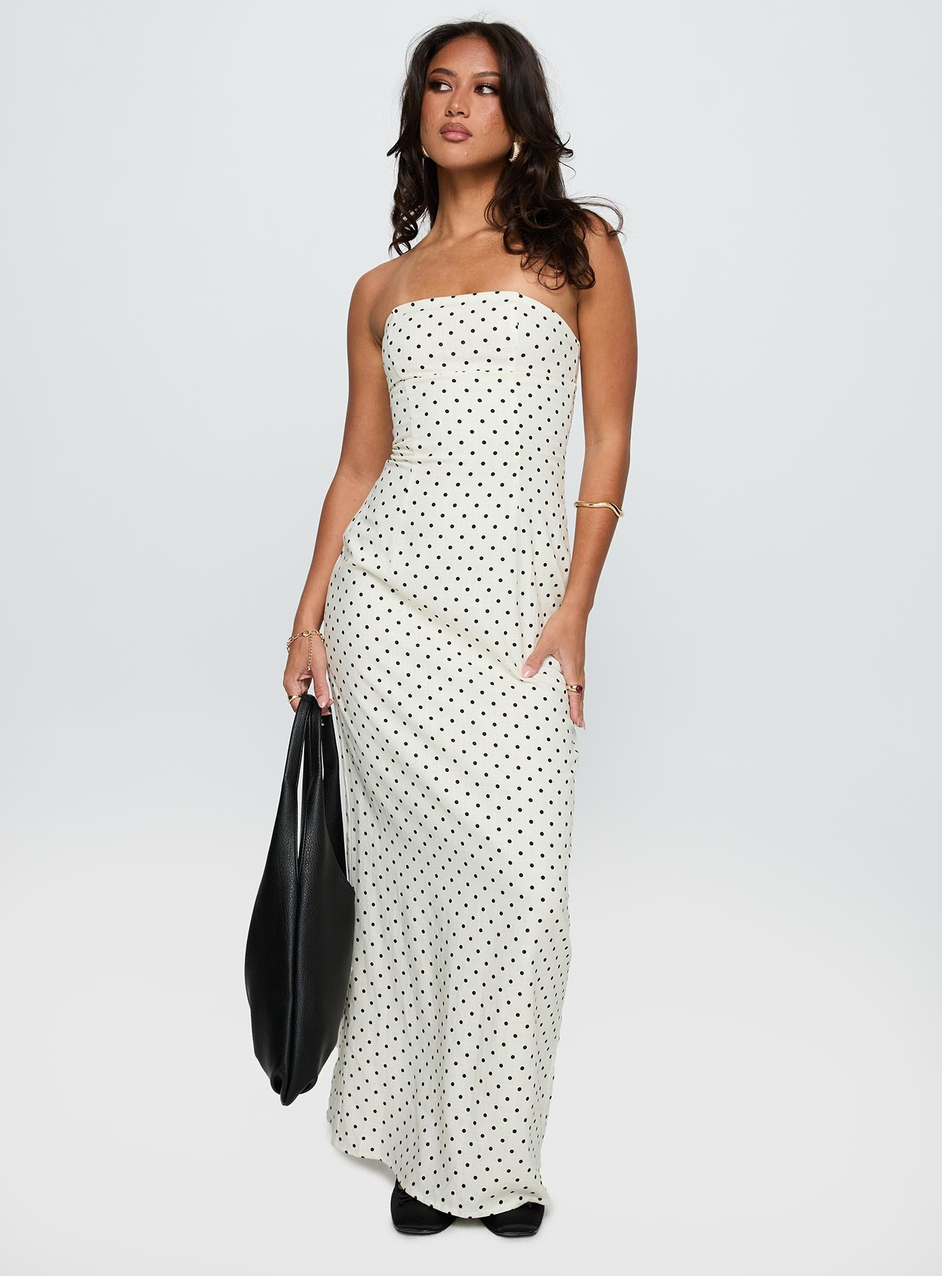 Dovie Linen Blend Strapless Midi Dress Cream Polka