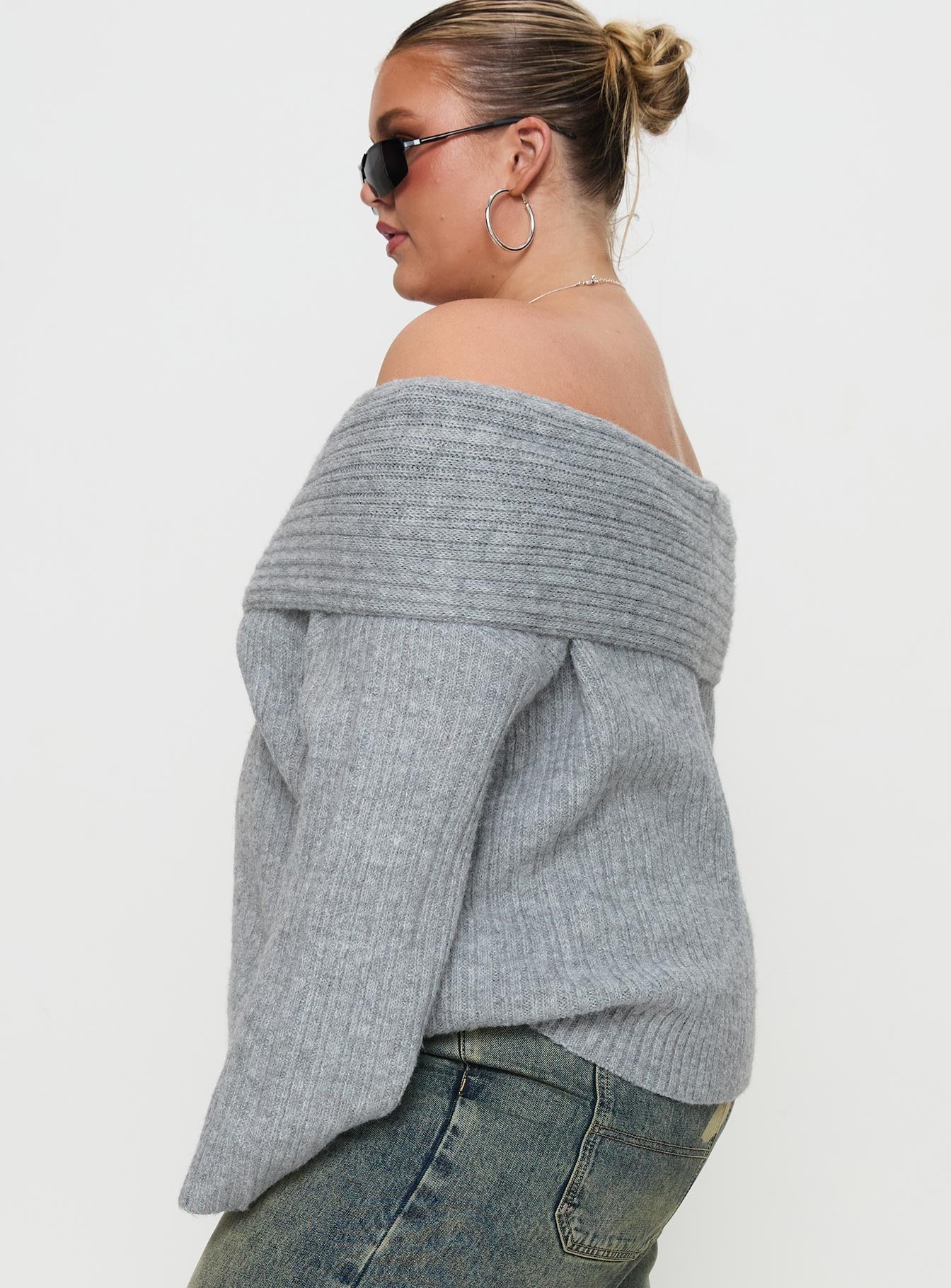 Snowie Off Shoulder Knit Sweater Grey Curve