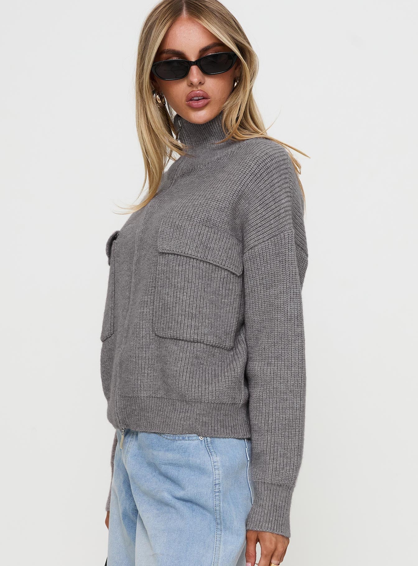 Too Busy Zip Up Sweater Grey