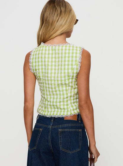 Wayland Tie Up Lace Trim Top Green Check