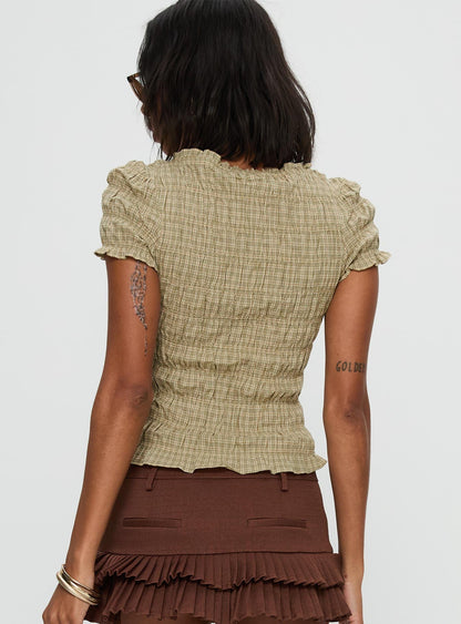 Romelle Shirred Top Green / Brown Plaid