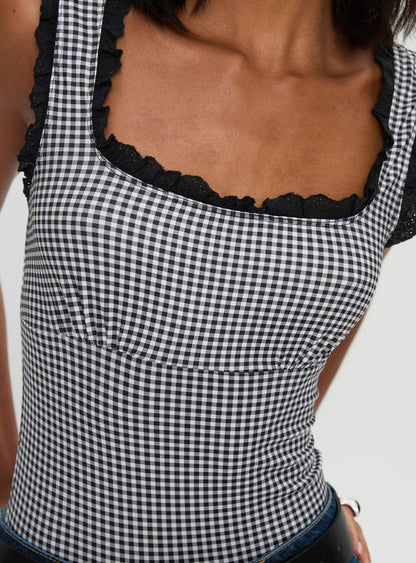 Trustfund Lace Trim Bodysuit Black / White Check