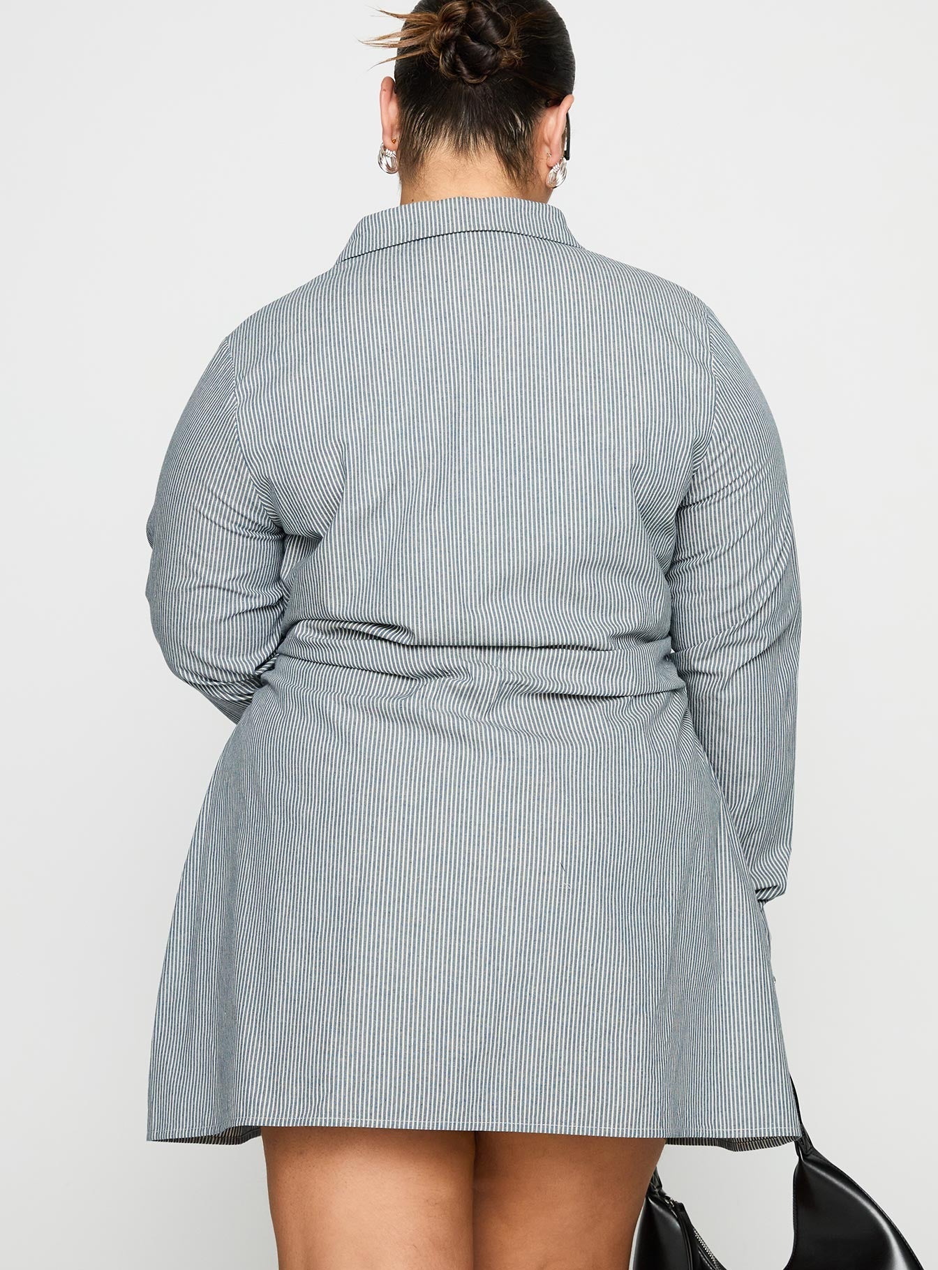 Publicity Long Sleeve Mini Dress Blue Pinstripe Curve