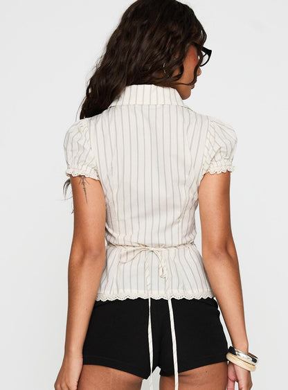 Deserve You Puff Sleeve Button Front Top Cream Stripe Petite
