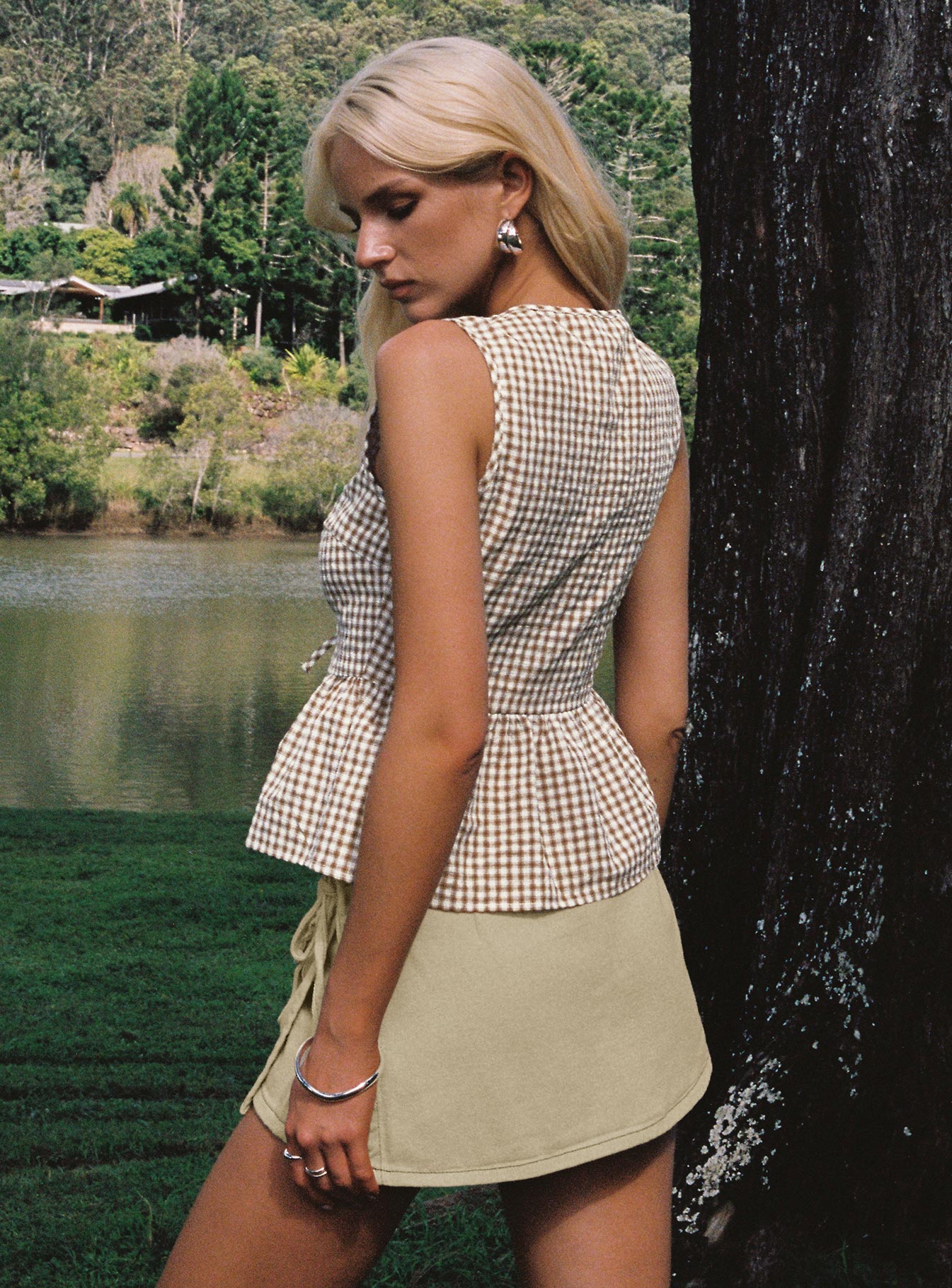 Rosellah Tie Up Top Brown Check