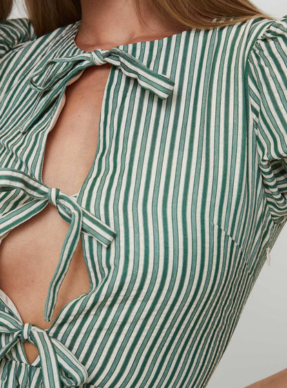 Nurture Bow Mini Dress Green Stripe