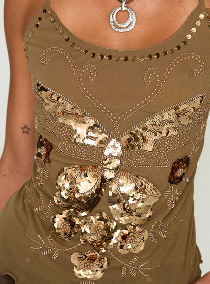 Start Of Summer Sequin Top Brown