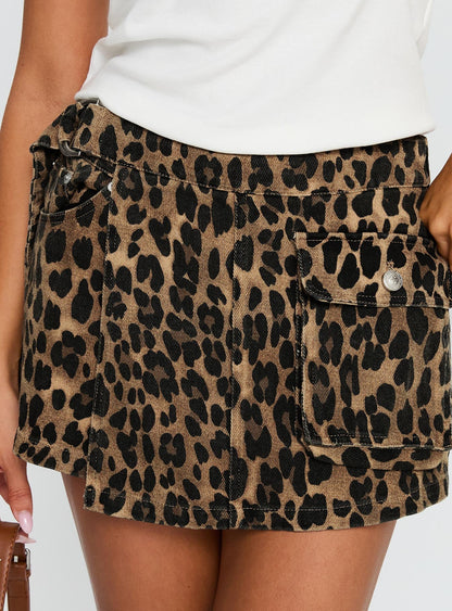 Hardcore Belted Denim Mini Skort Leopard