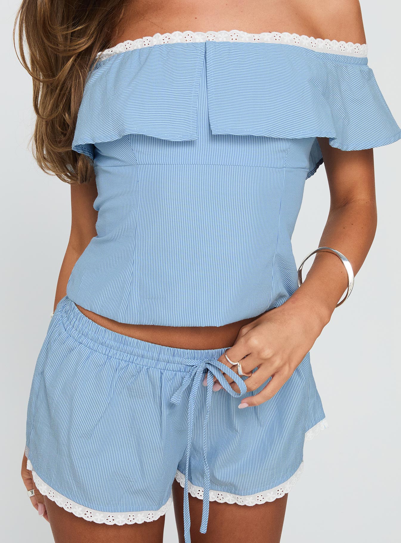 Summertime Sadness Off Shoulder Set Blue Stripe