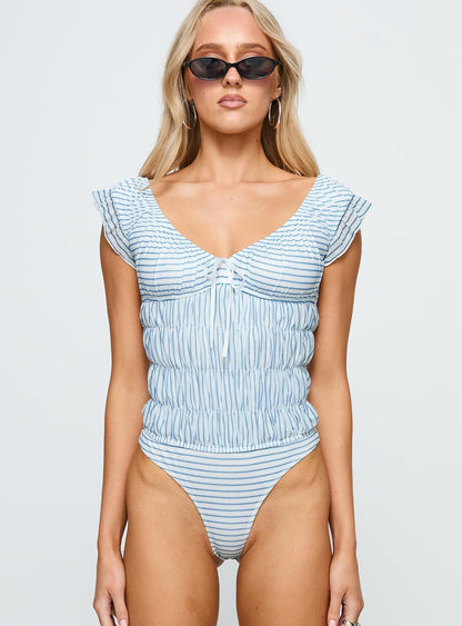 Ahead Of Myself Off Shoulder Bodysuit Blue Stripe