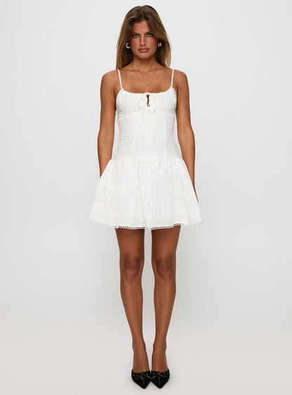 Peonies Embroidered Mini Dress White