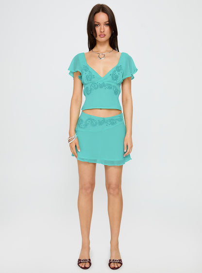 Pappilion Embroidered Top Aqua
