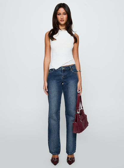 So Dazzling Studded Low Rise Straight Leg Jeans Dark Wash