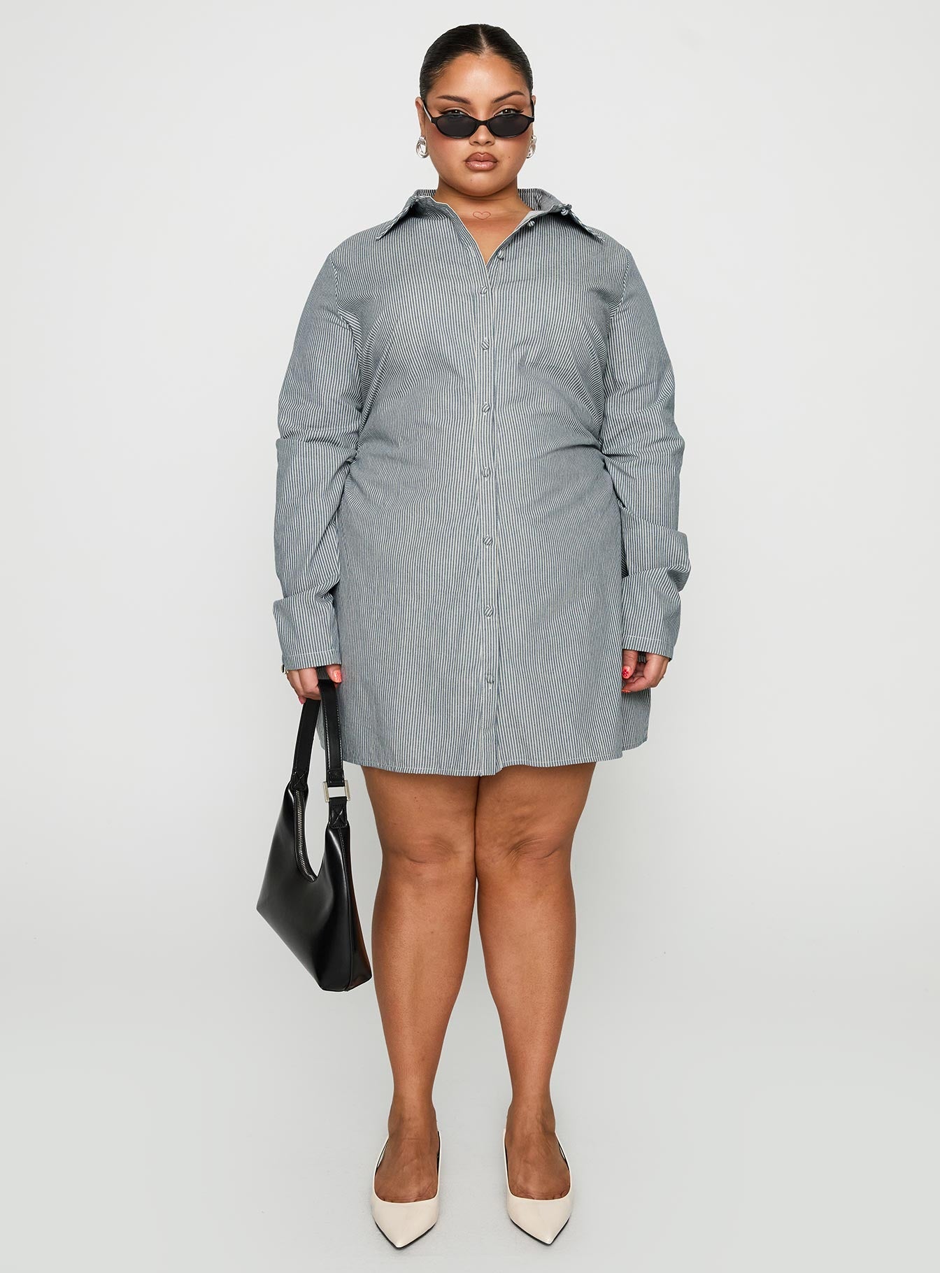 Publicity Long Sleeve Mini Dress Blue Pinstripe Curve