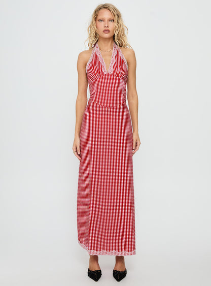Betsie Halter Lace Maxi Dress Red Gingham