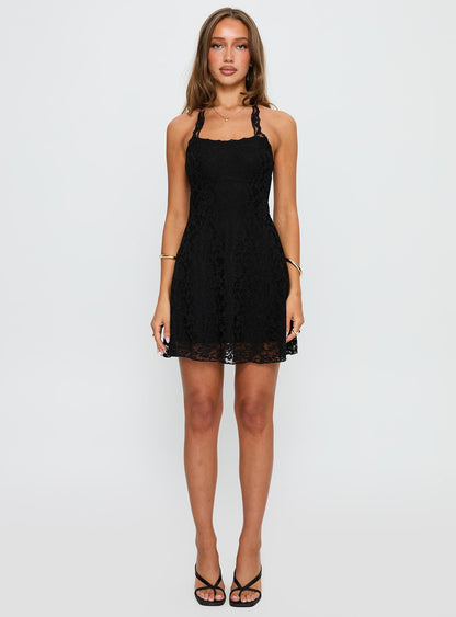 Front Page Halter Lace Mini Dress Black