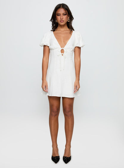 Beloved Puff Sleeve Linen Blend Mini Dress White